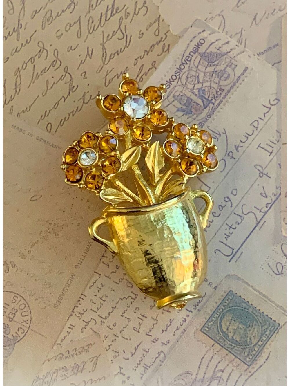 Vintage Sparkling Gold Flower Vase Pin with Colorful Rhinestones